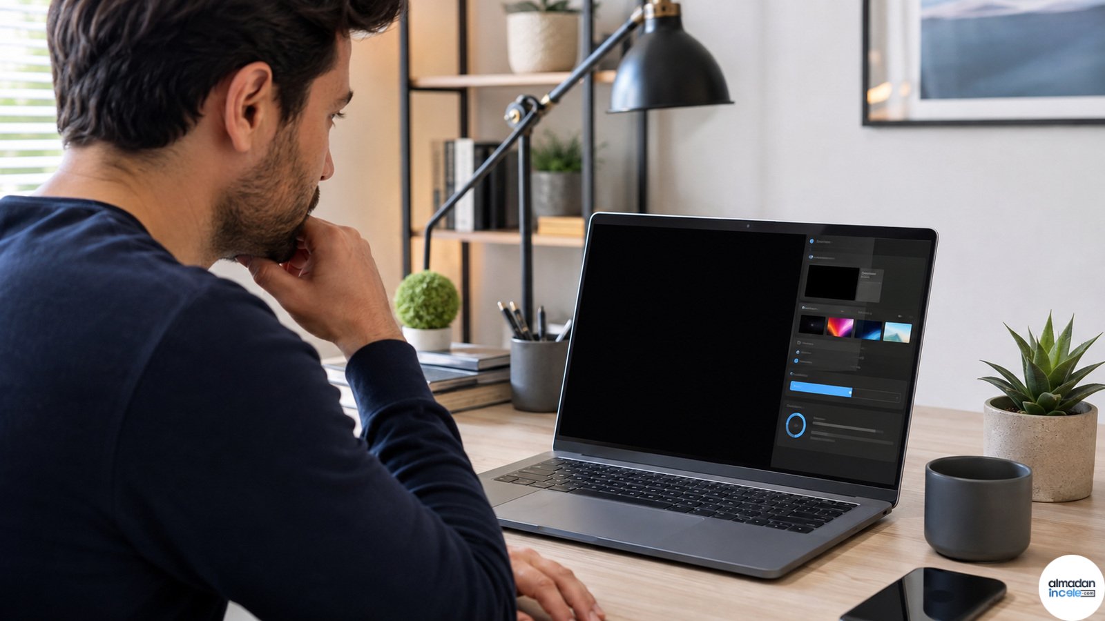 Siyah masaüstü görünen Windows 11 dizüstü bilgisayar ve kişiselleştirme ayarları
