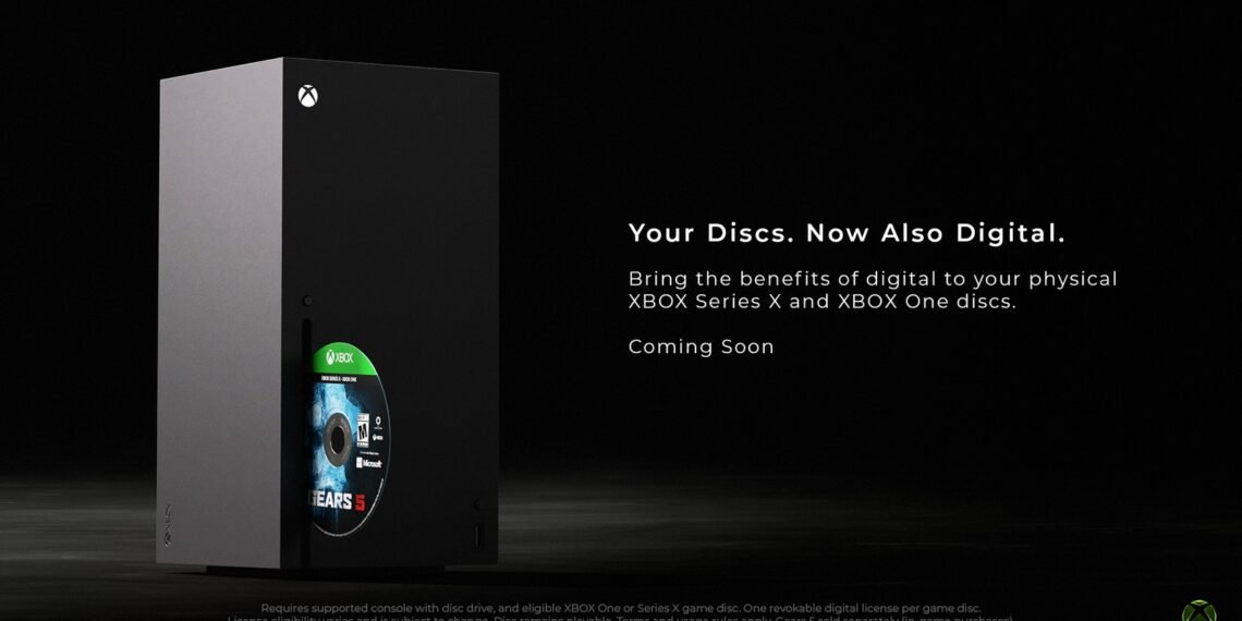 Xbox Series X konsolu, fiziksel oyun diski ve dijital hak özelliğini anlatan resmi görsel