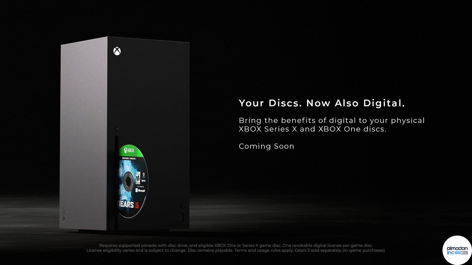 Xbox Series X konsolu, fiziksel oyun diski ve dijital hak özelliğini anlatan resmi görsel