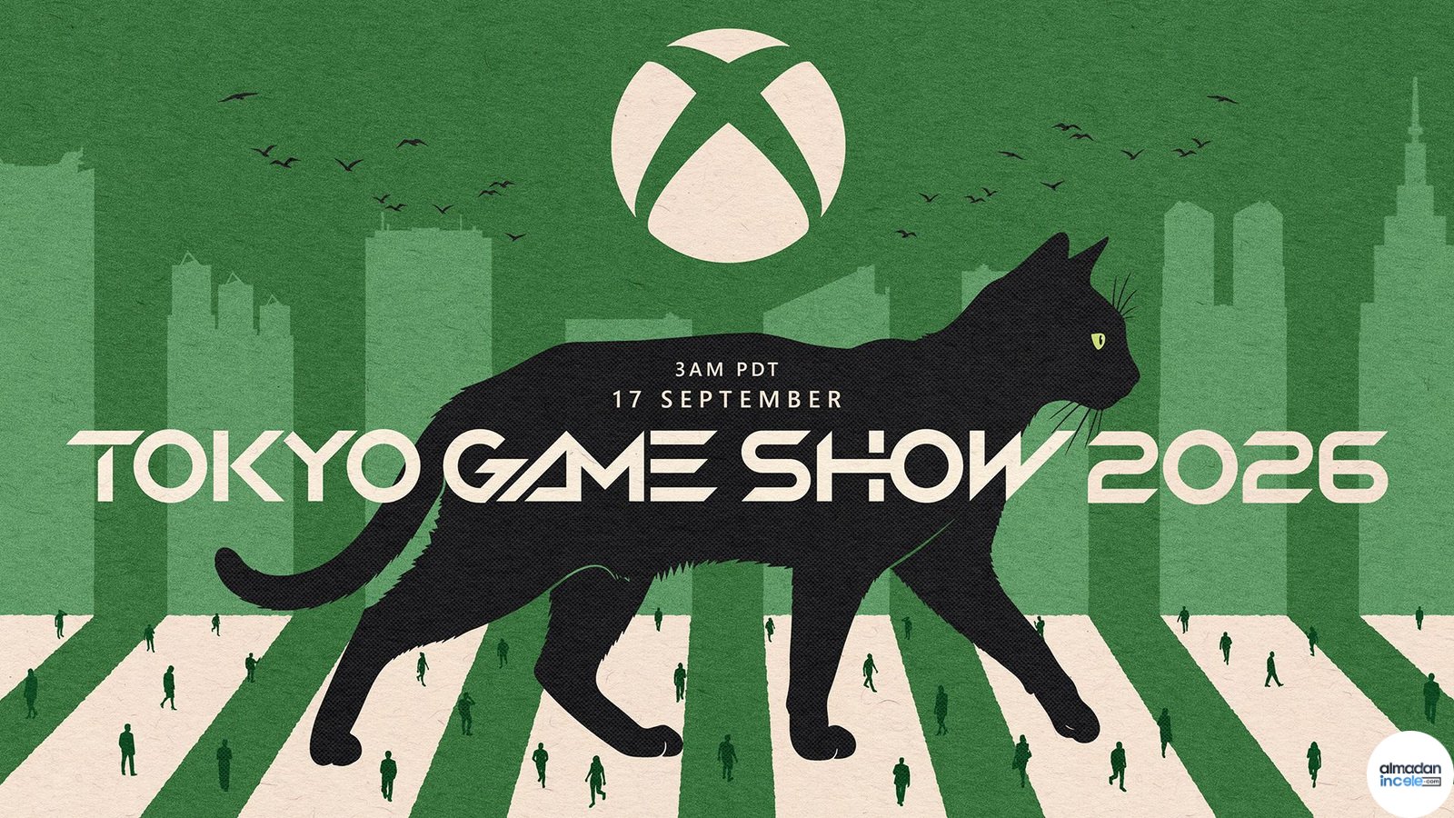 Tokyo sokaklarında siyah kedi ve Xbox yeşiliyle Tokyo Game Show 2026 resmi afişi