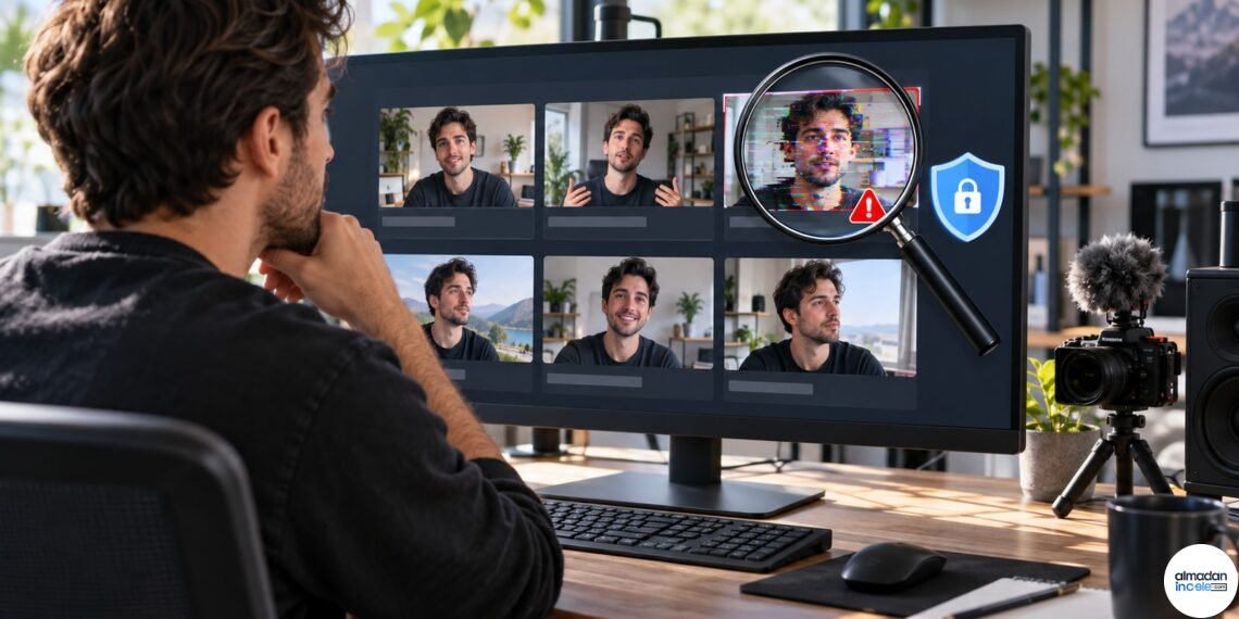 Yapay yüz taklidi olasılığını video küçük resimleri üzerinde inceleyen içerik üreticisini gösteren temsili editoryal görsel