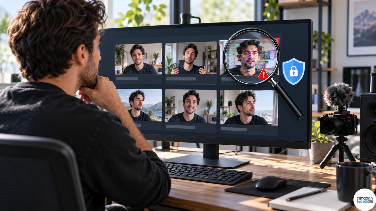Yapay yüz taklidi olasılığını video küçük resimleri üzerinde inceleyen içerik üreticisini gösteren temsili editoryal görsel