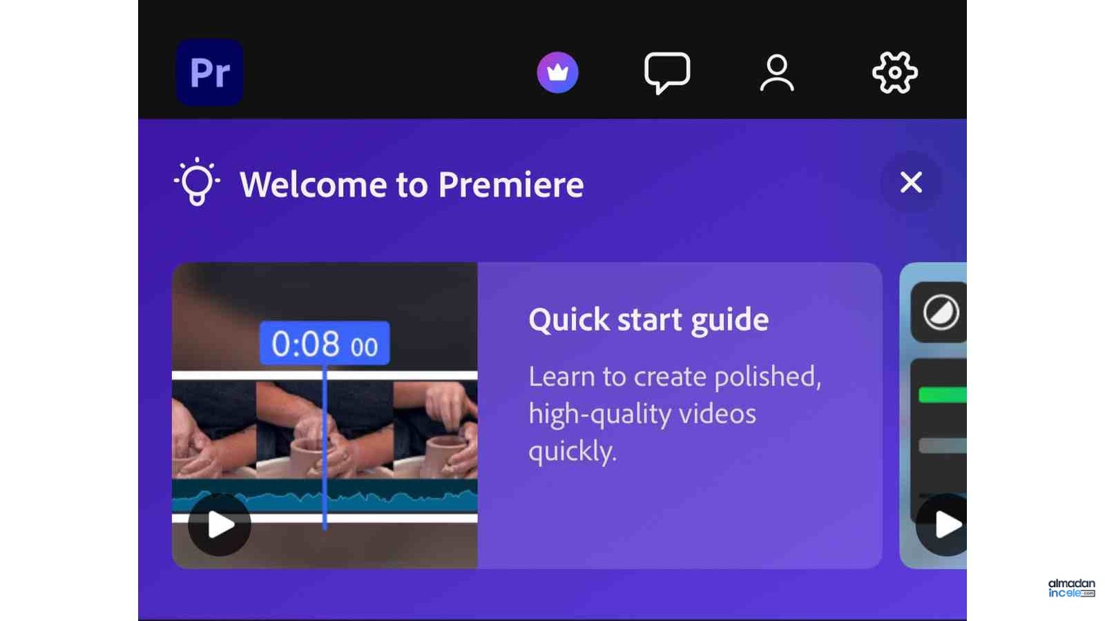 Adobe Premiere mobil kurgu arayüzünde video ve ses katmanları bulunan düzenleme zaman çizelgesi