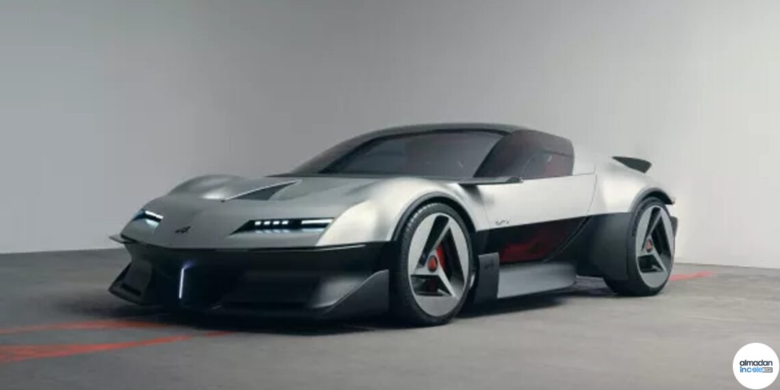 Alpine A310 VISION konsept otomobilinin Paris Otomobil Fuarı’ndaki geniş kadrajlı görünümü