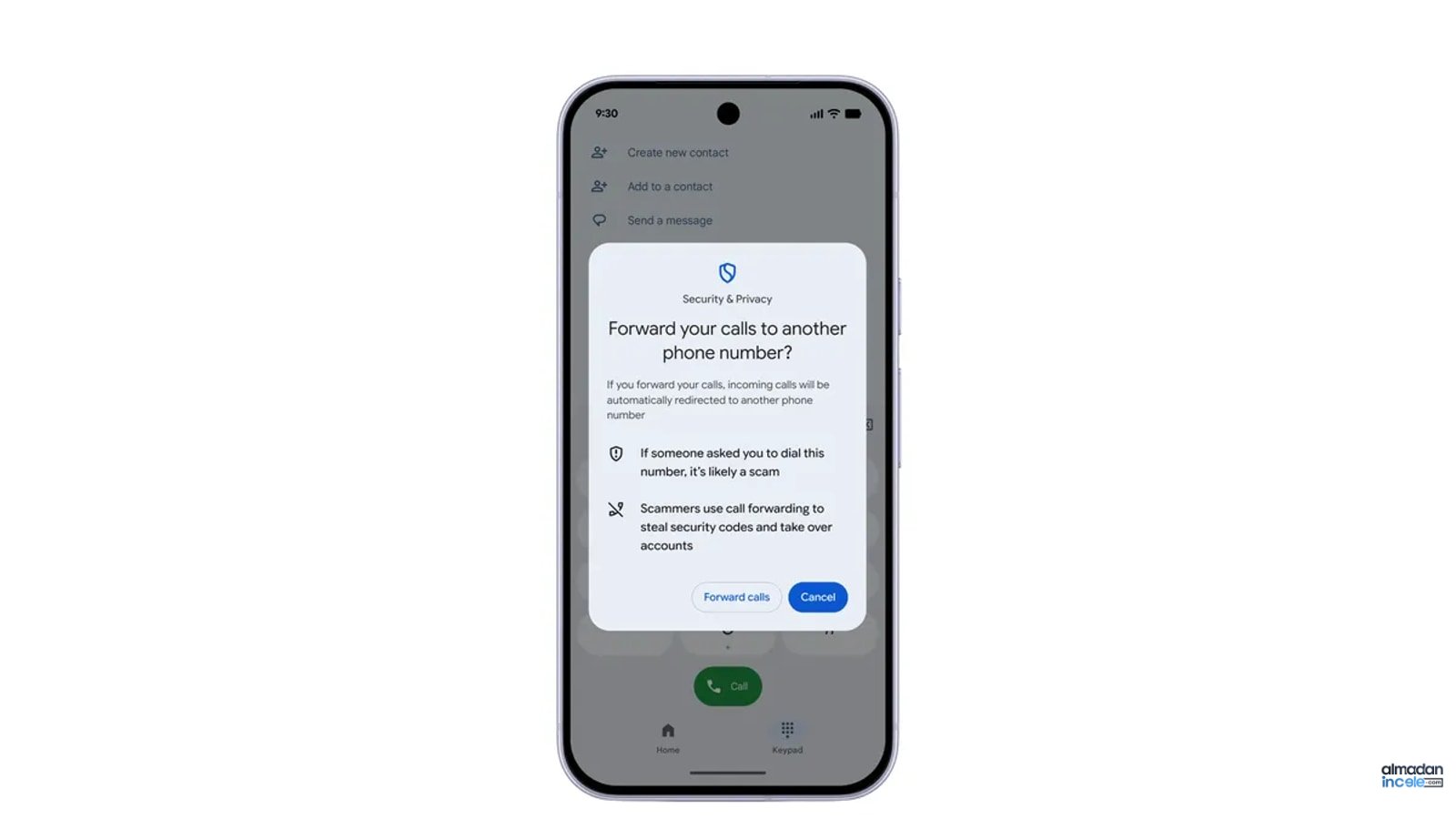Android telefonunda sahte çağrı yönlendirmesine karşı ekranda beliren güvenlik uyarısı