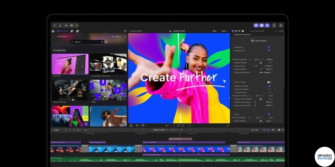 M6 MacBook Pro ekranında Final Cut Pro ve MotionVFX video düzenleme arayüzü