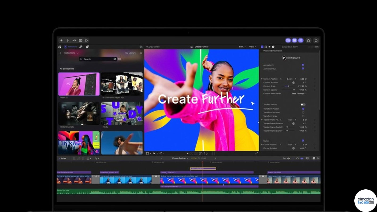 M6 MacBook Pro ekranında Final Cut Pro ve MotionVFX video düzenleme arayüzü