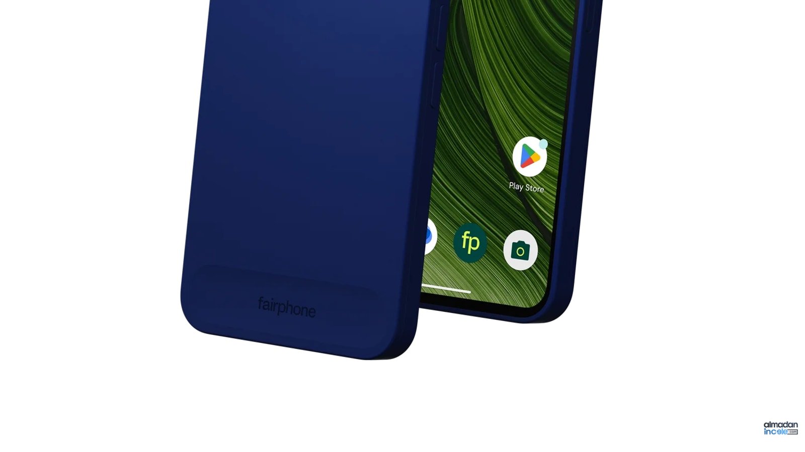 Fairphone Gen 6+ telefonun mavi renkli ön ve arka yüzünü gösteren resmî ürün fotoğrafı
