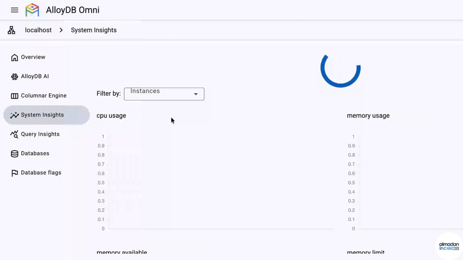 AlloyDB Omni Web UI içinde PostgreSQL kümesinin sistem ve sorgu izleme panelleri