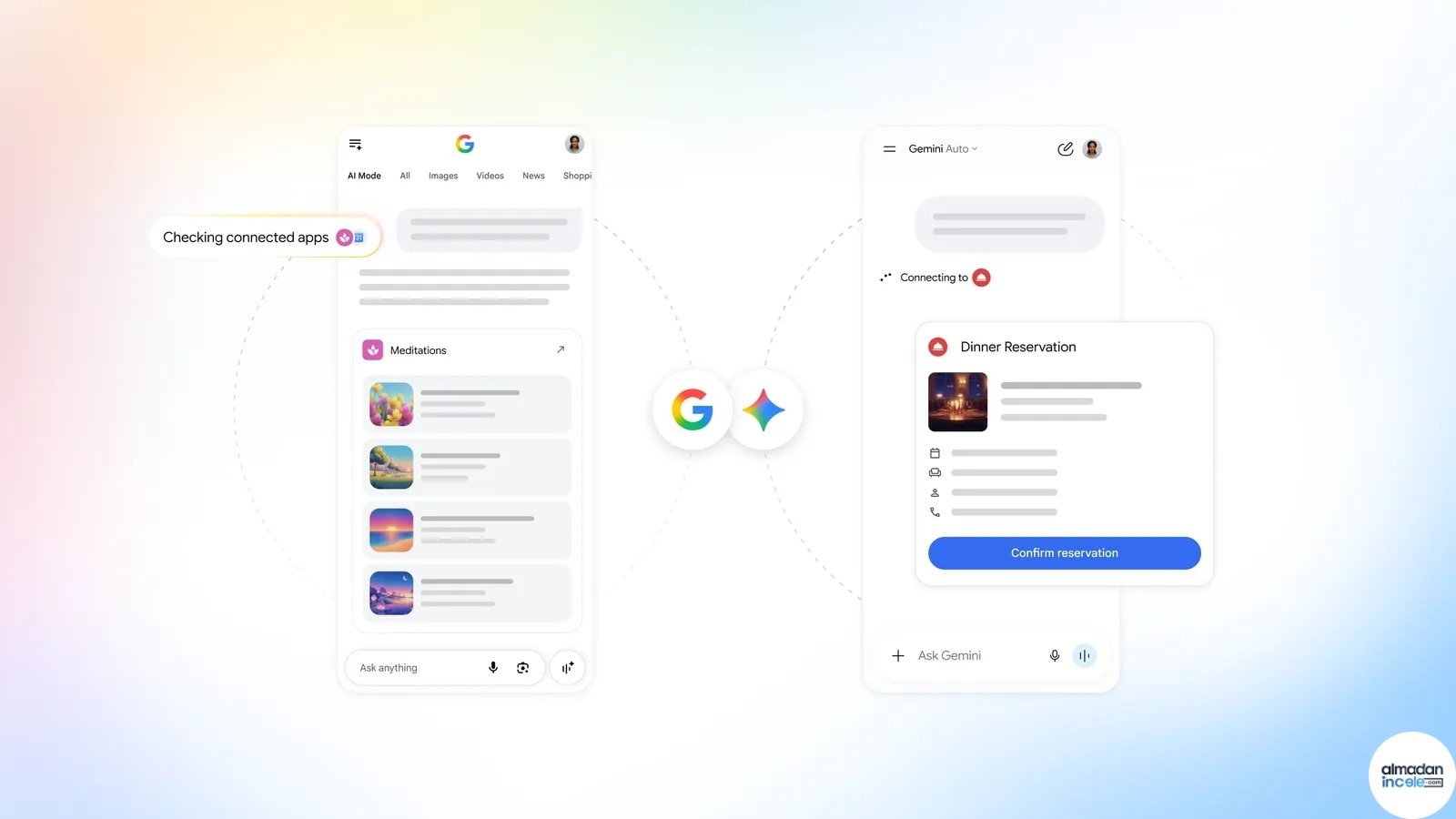 Google Arama ve Gemini arayüzlerinde bağlantılı uygulama üzerinden rezervasyon akışı