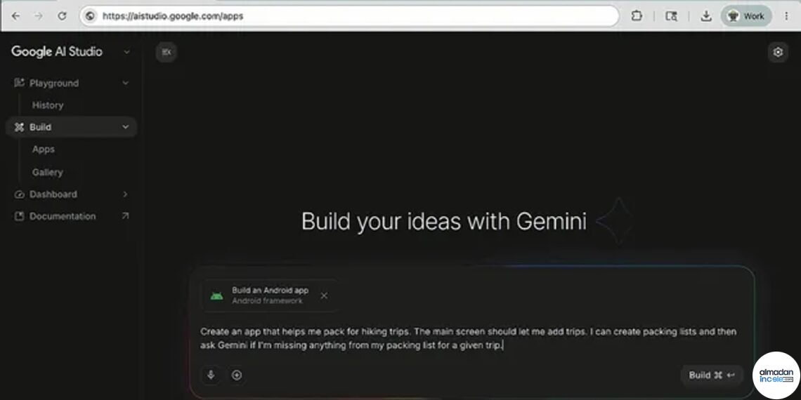 Google AI Studio ekranında doğal dille Android uygulaması oluşturma arayüzü