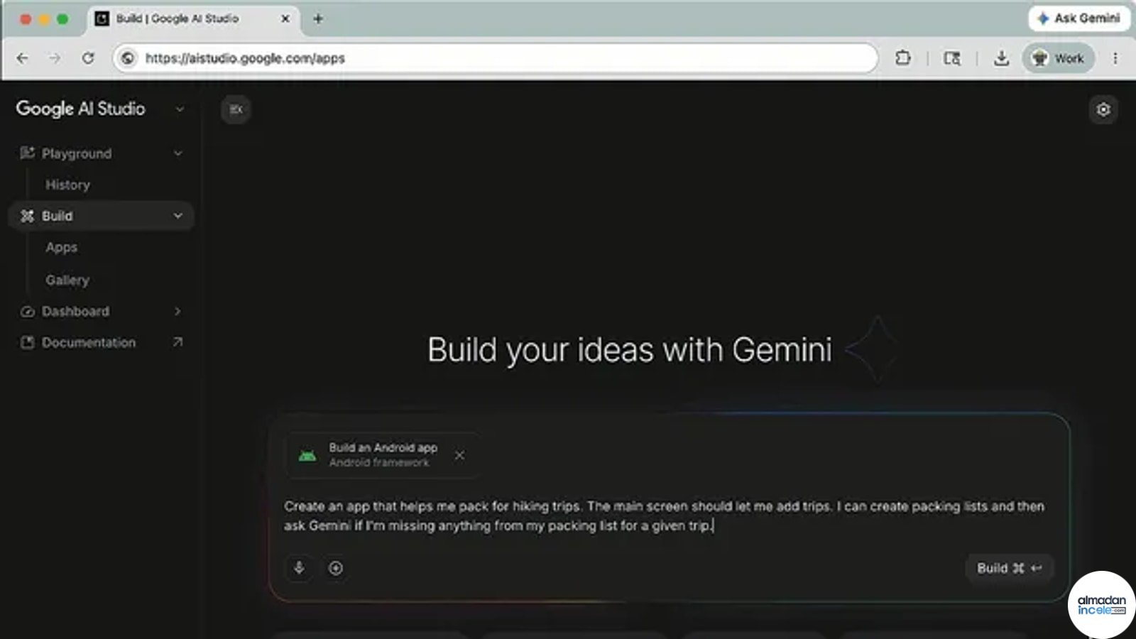 Google AI Studio ekranında doğal dille Android uygulaması oluşturma arayüzü