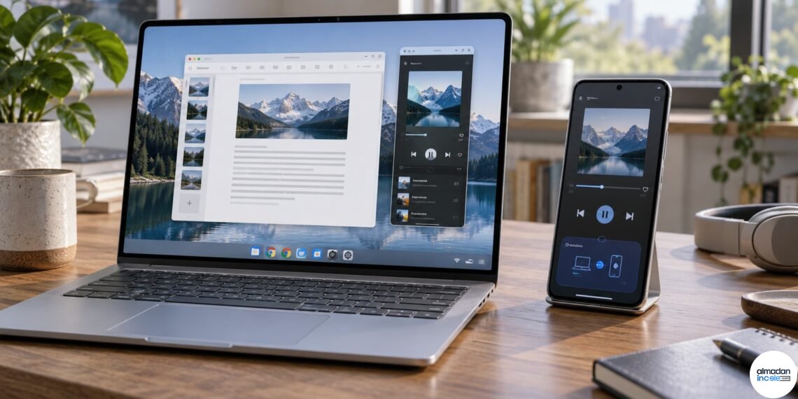 Bilgisayar ve Android telefon arasında görev aktarmayı temsil eden Googlebook ekosistemine özel özgün editoryal görsel