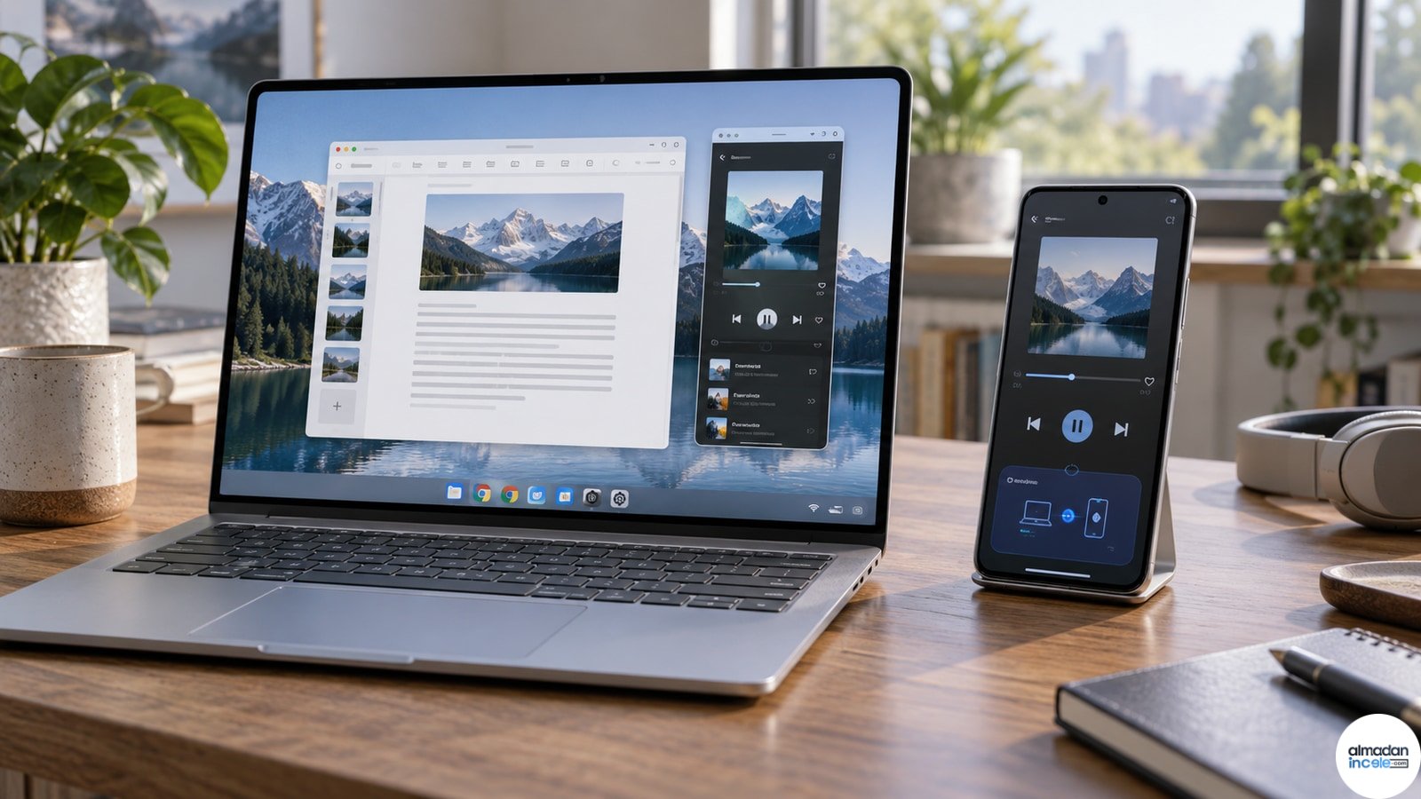 Bilgisayar ve Android telefon arasında görev aktarmayı temsil eden Googlebook ekosistemine özel özgün editoryal görsel