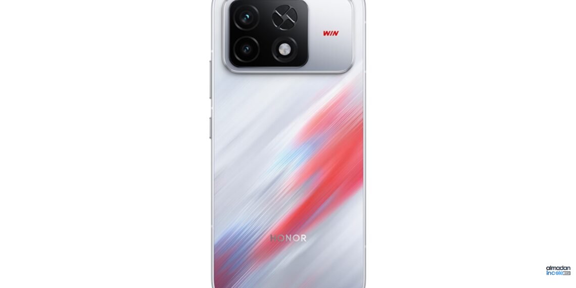 Beyaz HONOR WIN2 oyun telefonunun arka yüzü, çift kamera ve fanlı soğutma modülü
