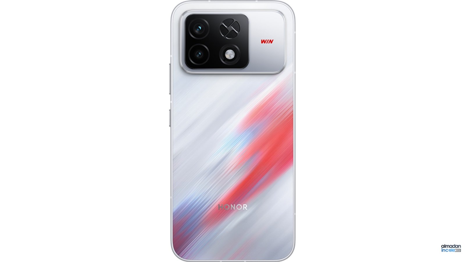 Beyaz HONOR WIN2 oyun telefonunun arka yüzü, çift kamera ve fanlı soğutma modülü