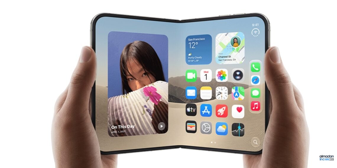 Katlanmış iPhone Duo’nun titanyum kasası ve çift kamerası, yanında açılmış katlanabilir iç ekran
