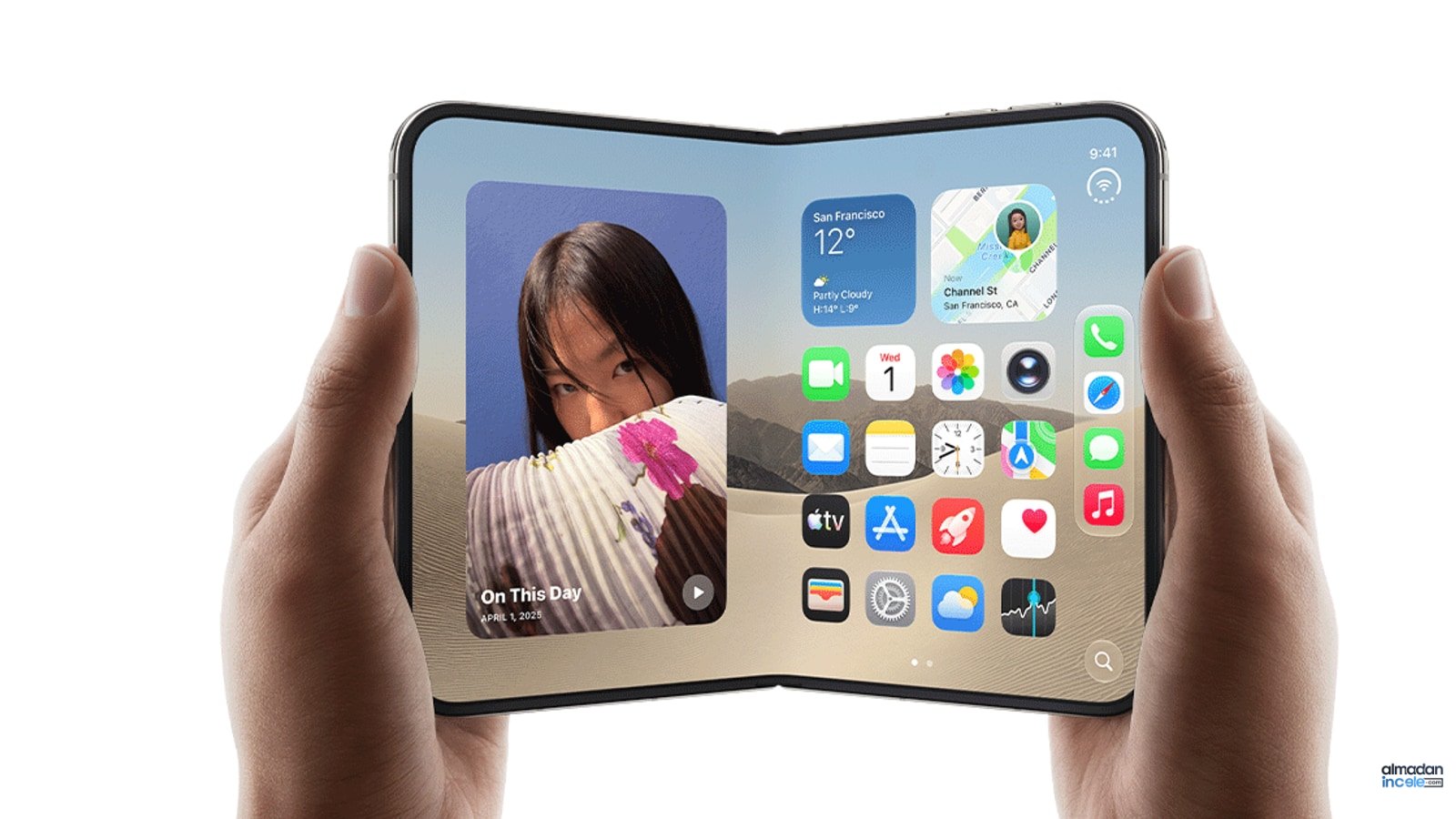 Katlanmış iPhone Duo’nun titanyum kasası ve çift kamerası, yanında açılmış katlanabilir iç ekran