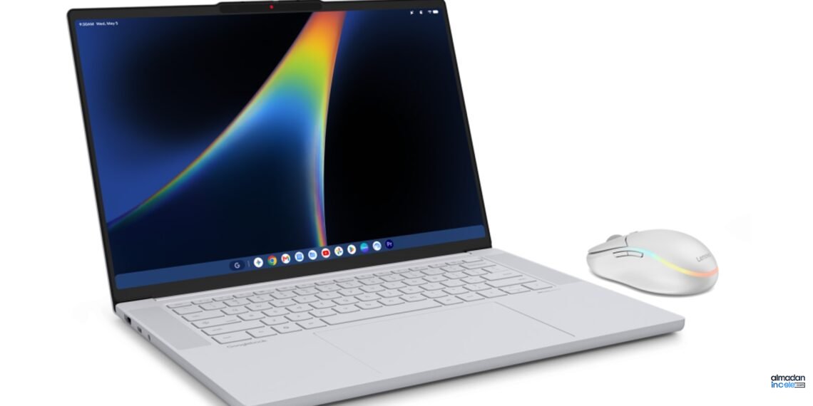 Lenovo Googlebook 15 açık konumda, 15,3 inç OLED ekranı ve ince metal gövdesiyle