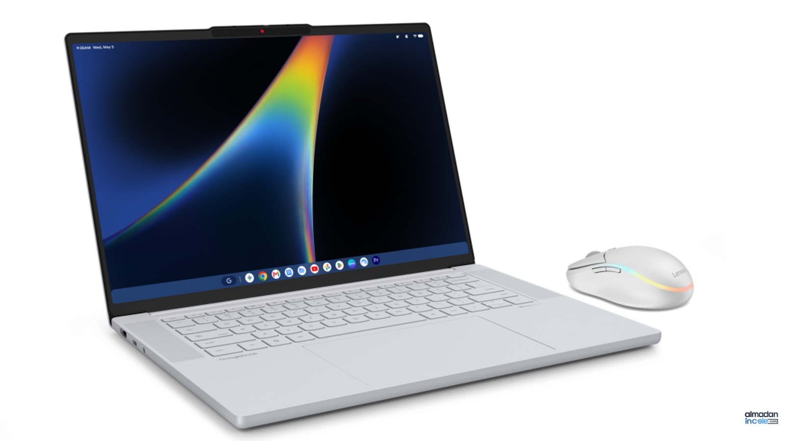 Lenovo Googlebook 15 açık konumda, 15,3 inç OLED ekranı ve ince metal gövdesiyle