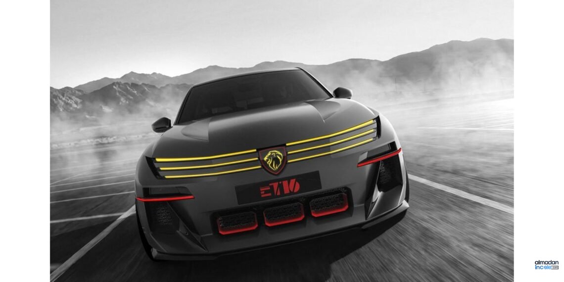 Peugeot E-T16 Concept elektrikli performans otomobili, mat gri gövde ve kırmızı detaylarla