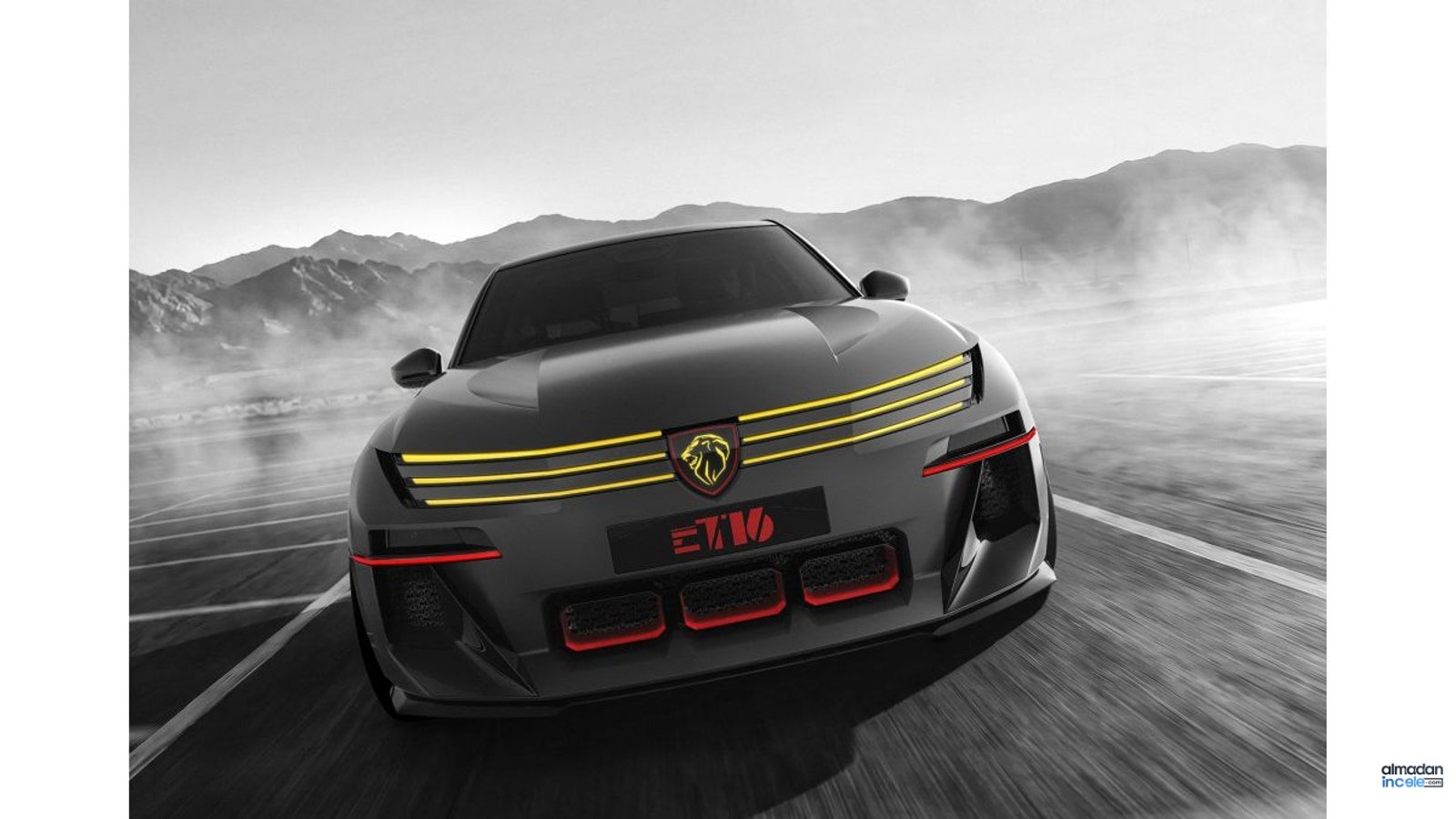 Peugeot E-T16 Concept elektrikli performans otomobili, mat gri gövde ve kırmızı detaylarla