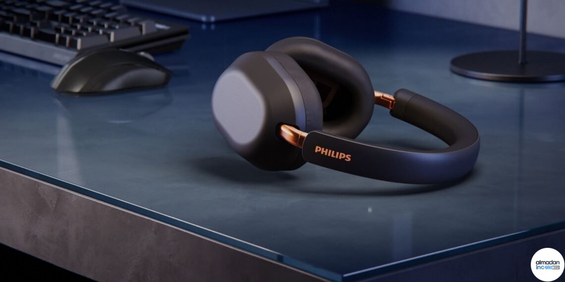 Philips Fidelio L5 kulak üstü kablosuz kulaklık, koyu renkli zeminde ürünün ön ve yan görünümü