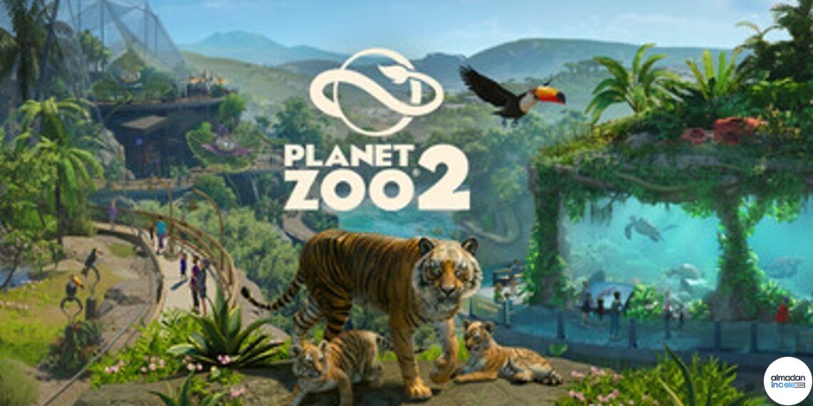 Planet Zoo 2 oyunundan resmi tanıtım görseli, hayvanat bahçesi habitatı ve vahşi yaşam