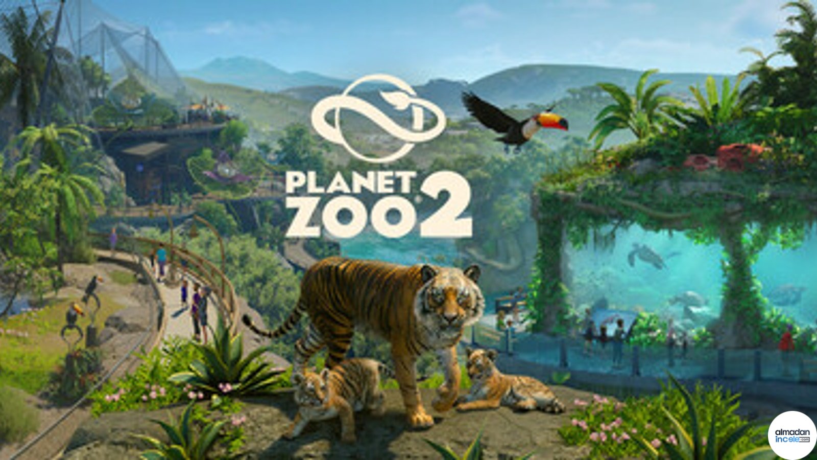 Planet Zoo 2 oyunundan resmi tanıtım görseli, hayvanat bahçesi habitatı ve vahşi yaşam