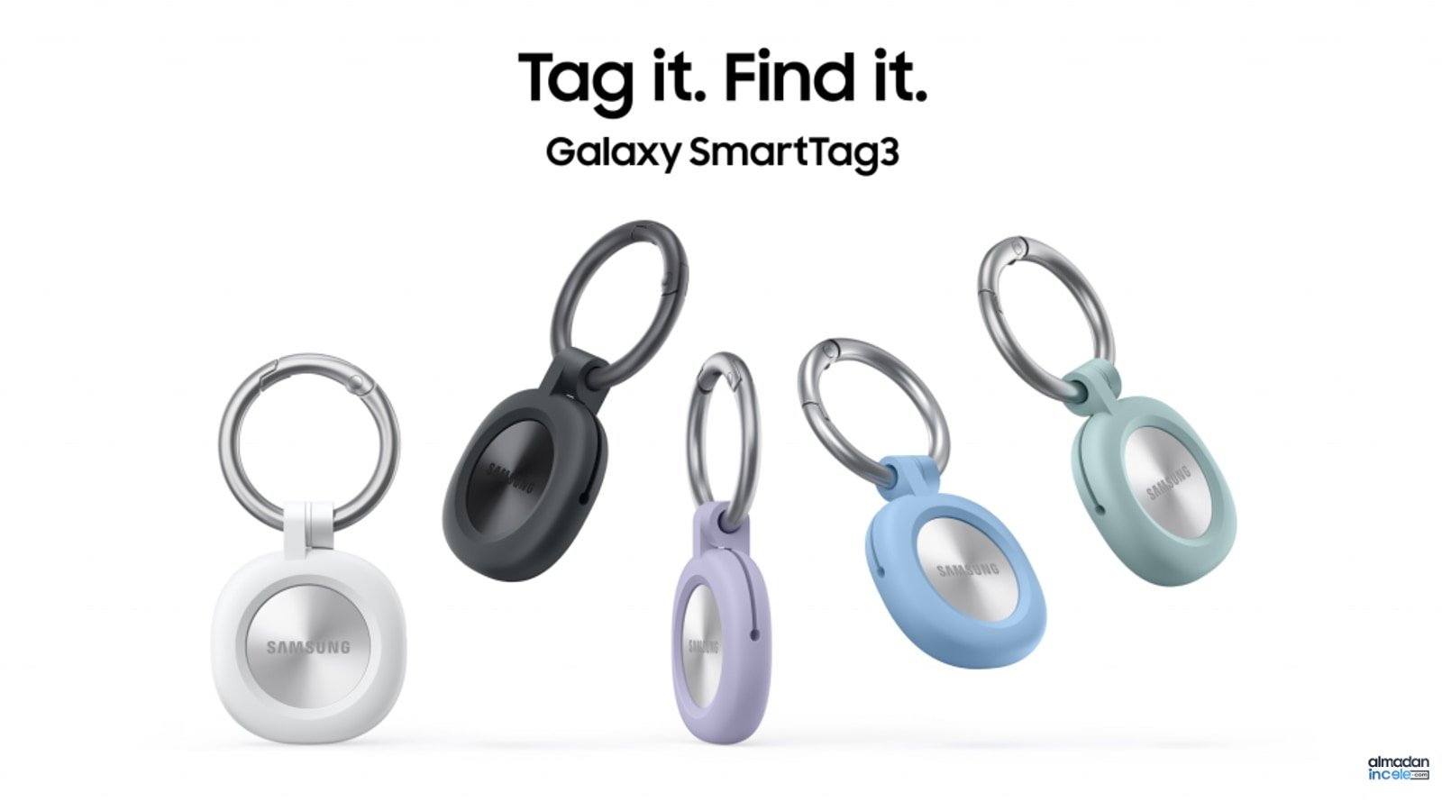 Beş renkte Samsung Galaxy SmartTag3 takip etiketlerinin gerçek ürün görseli