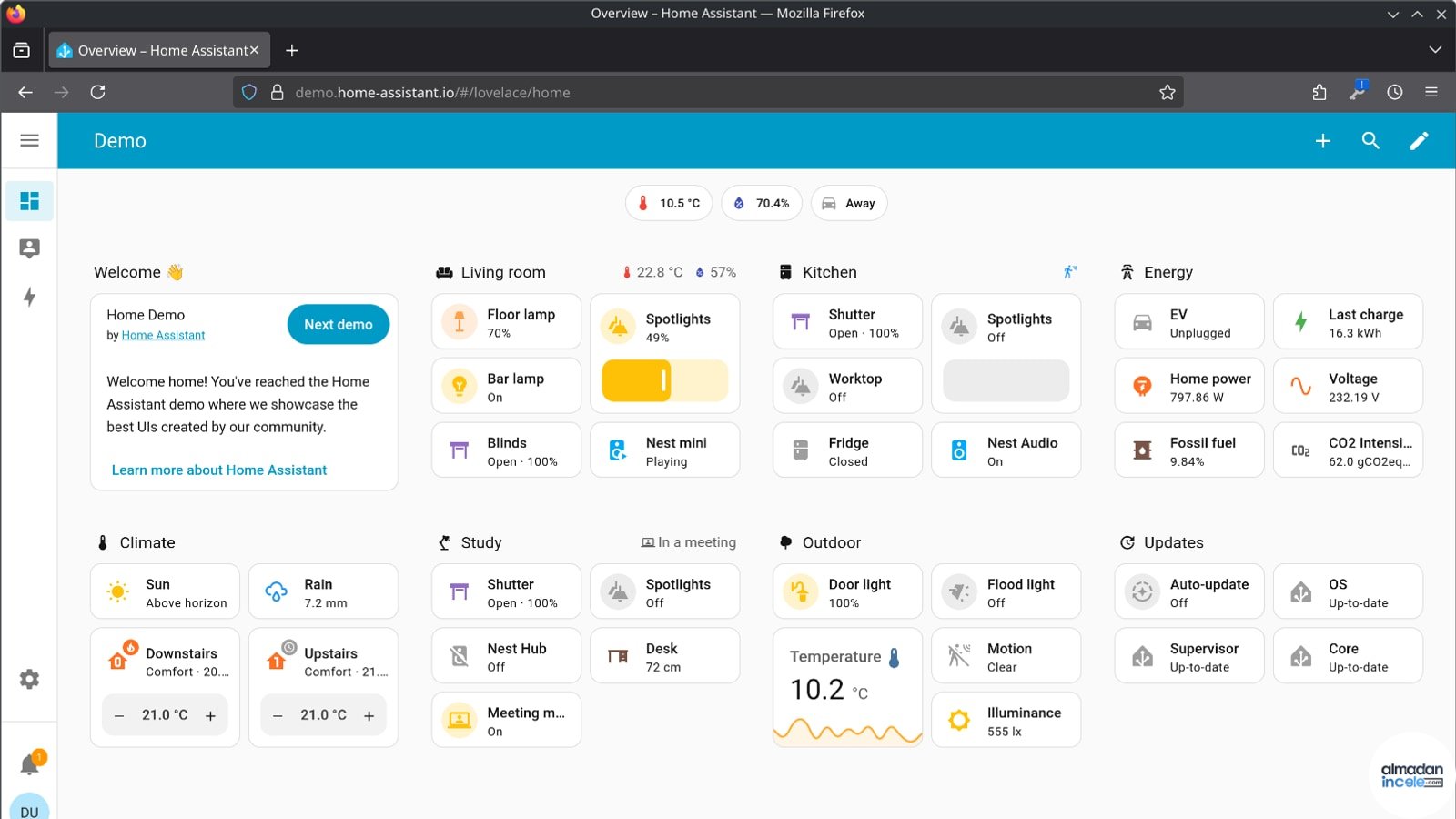 Home Assistant açık kaynaklı akıllı ev kontrol panosu örnek ekranı