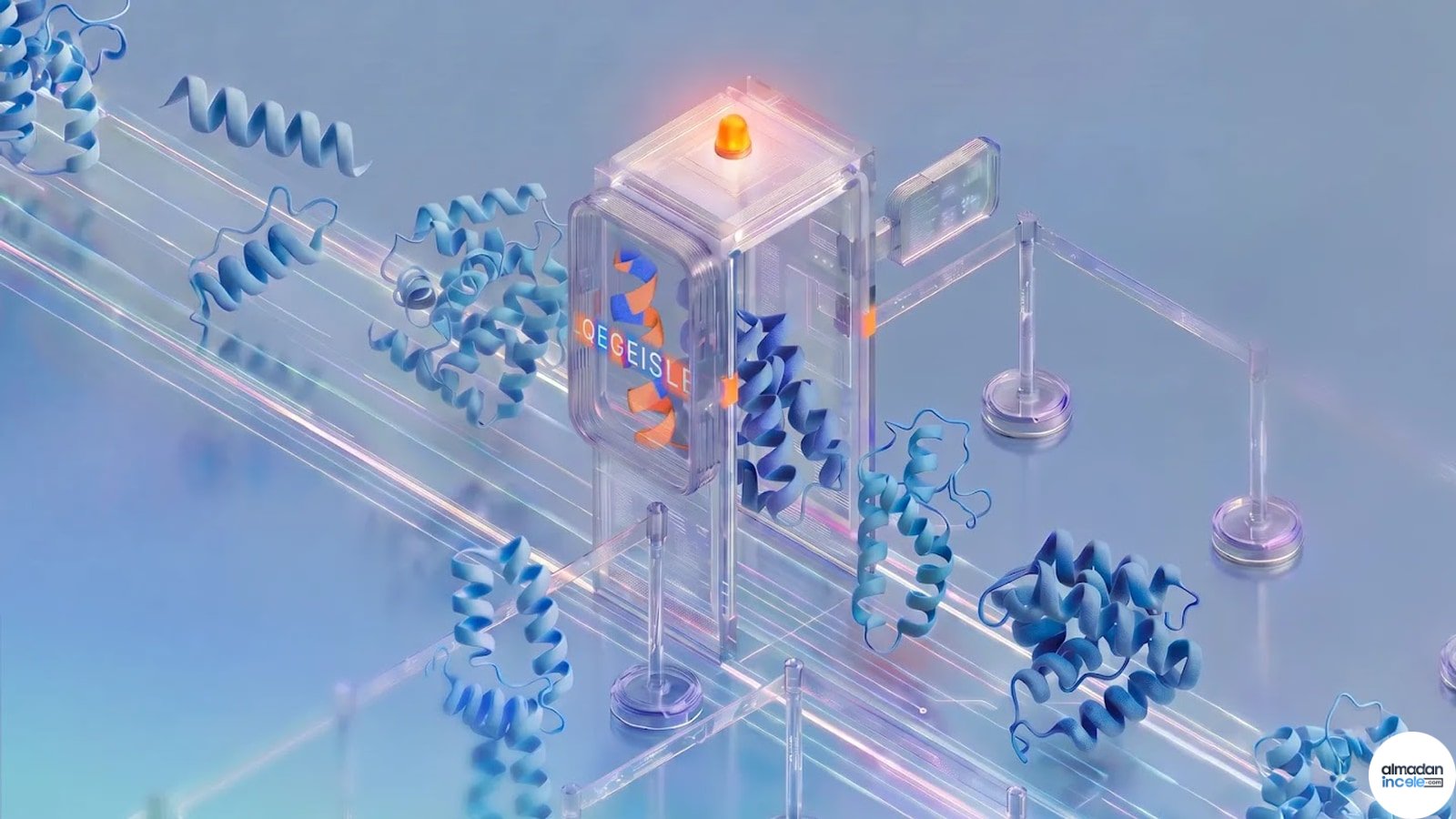 Google DeepMind’in SynthID Bio duyurusundaki protein yapılarının biyolojik filigranla işaretlenmesini anlatan görsel