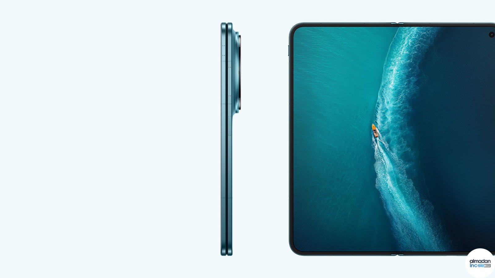 Nebula Teal renkli vivo X Fold6 tamamen açık; 8,02 inç iç ekranı yatay kullanımda görünüyor