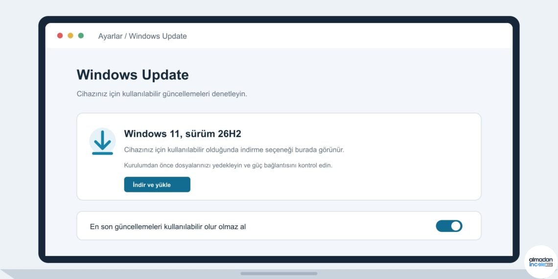 Windows 11 26H2 kurulum adımlarını gösteren özgün Windows Update arayüz çizimi