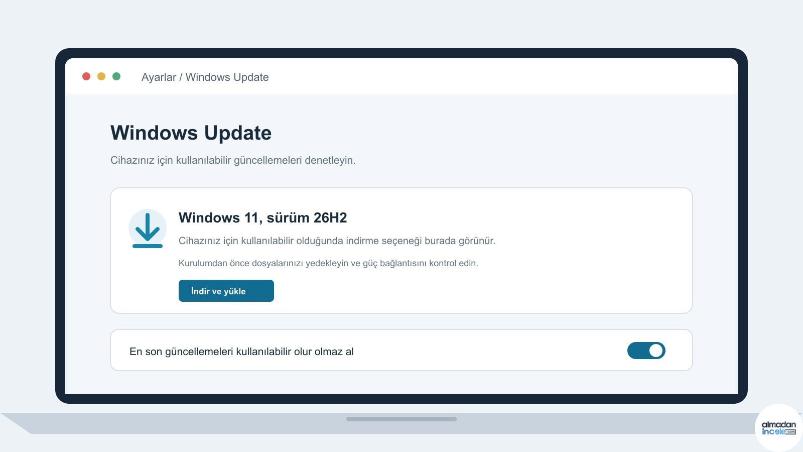Windows 11 26H2 kurulum adımlarını gösteren özgün Windows Update arayüz çizimi