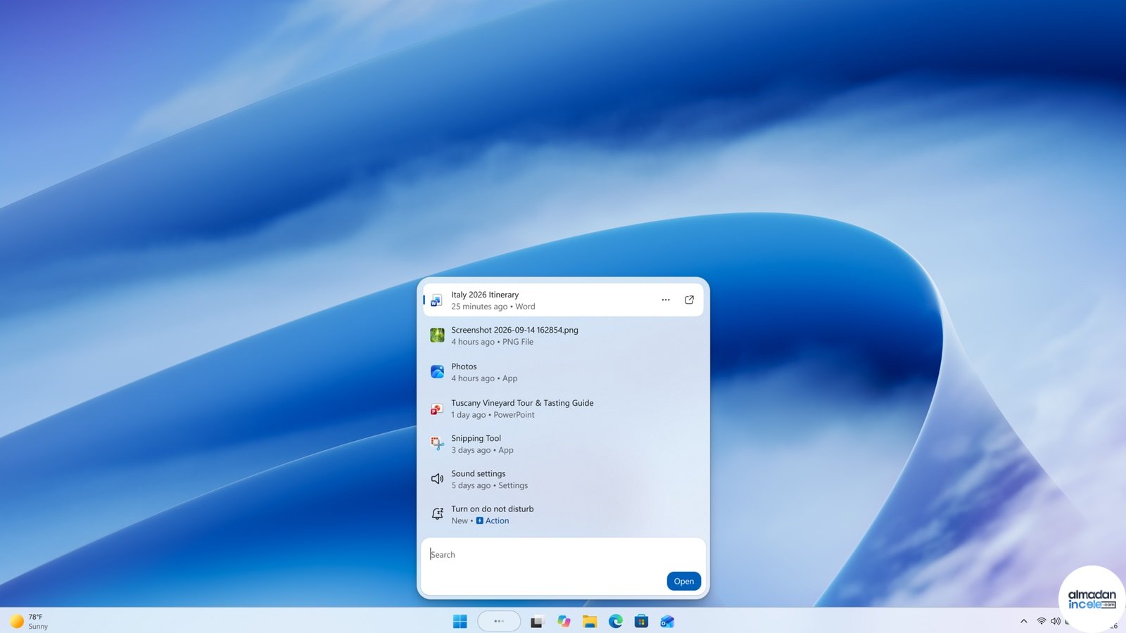 Windows Search yeni arayüzünde rahatsız etmeyin ayarını açan satır içi eylem