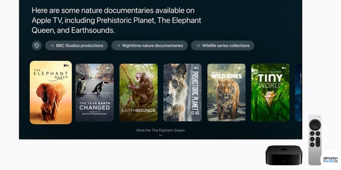Yeni Apple TV 4K arayüzü ve Siri AI önerilerini gösteren Apple resmî basın görseli