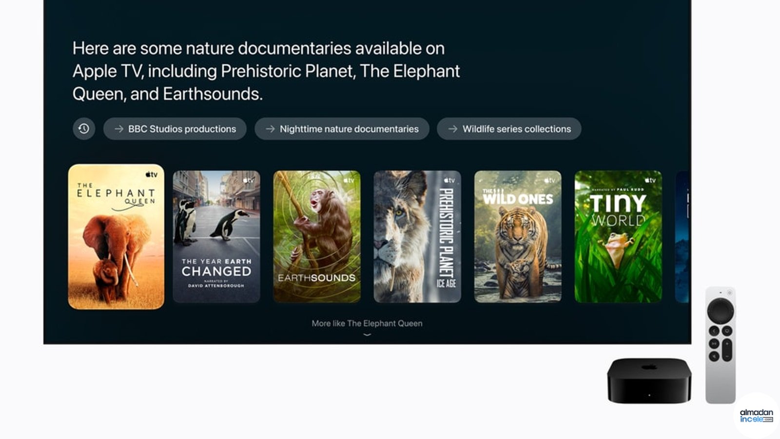 Yeni Apple TV 4K arayüzü ve Siri AI önerilerini gösteren Apple resmî basın görseli